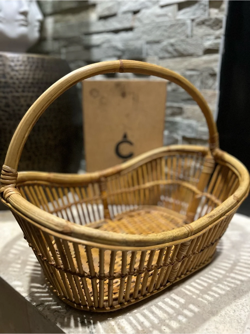Vintage Bent Bamboo and  Natural Rattan Handled Basket